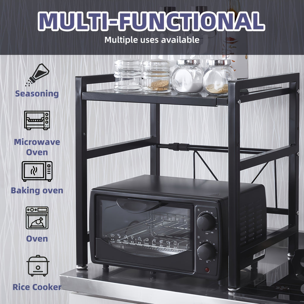 Expandable Metal Microwave Rack with Hooks - Vertical Countertop Organizer for Toaster, Air Fryer, Rice Cooker & More - Easy Installation, Durable Metal Construction, Space-Saving Design for Kitchen Appliances, Utensil Holder | Modern Kitchen Accessory |