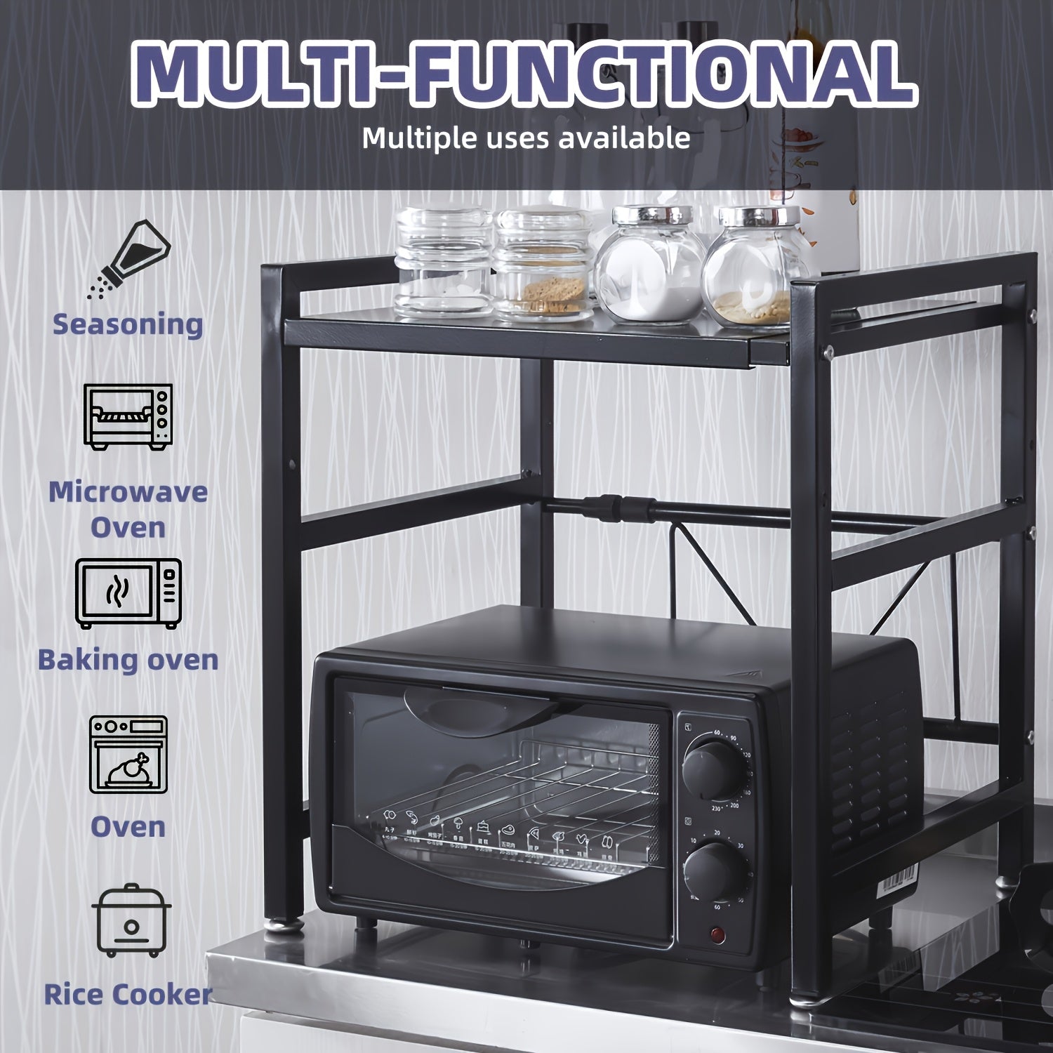 Expandable Metal Microwave Rack with Hooks - Vertical Countertop Organizer for Toaster, Air Fryer, Rice Cooker & More - Easy Installation, Durable Metal Construction, Space-Saving Design for Kitchen Appliances, Utensil Holder | Modern Kitchen Accessory |