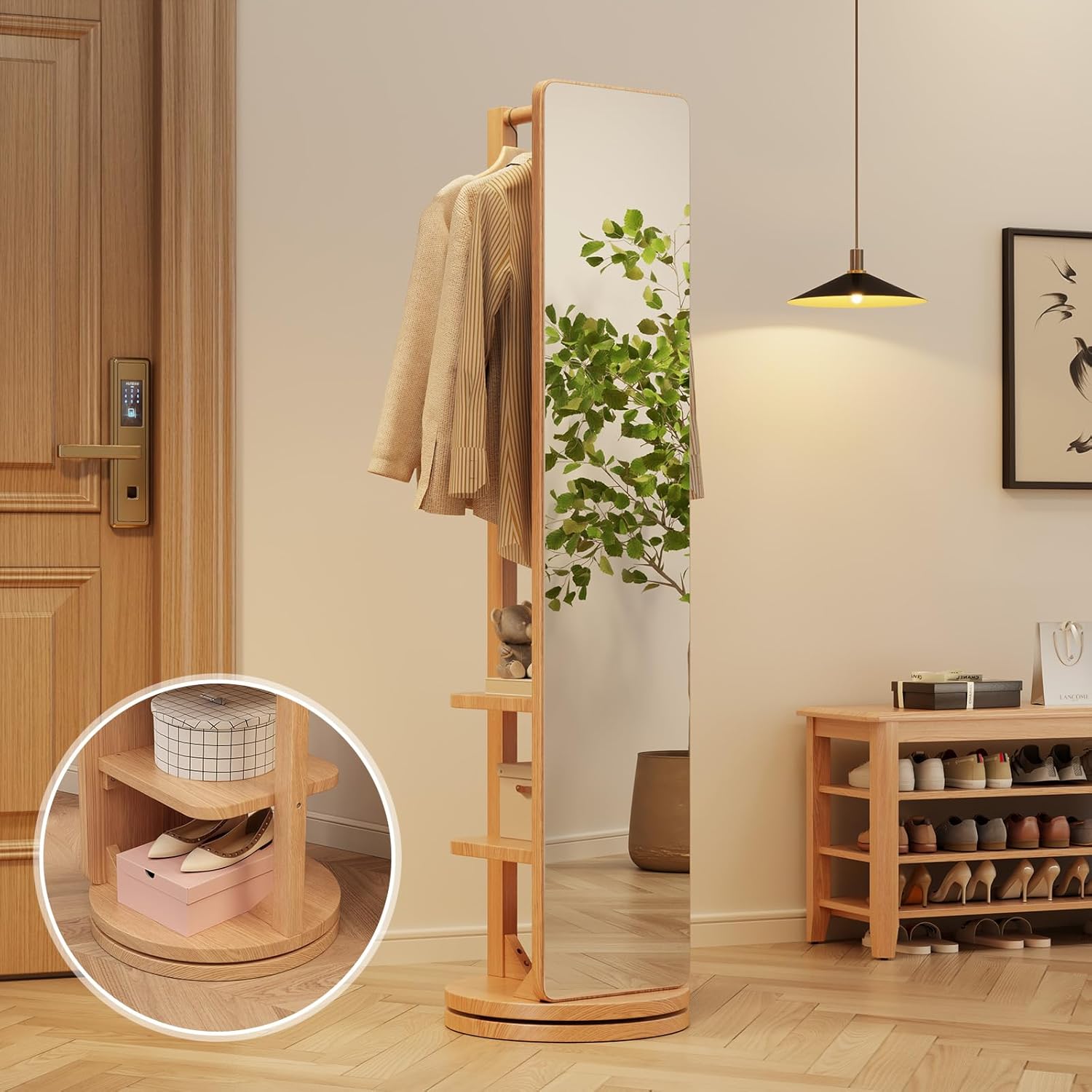 WoodsWhisper Full Length Mirror Coat Rack Solid Wood Floor Mirror 66"x12" Full Length Mirror with Stand Long Mirrors for Bedroom,Living Room (Natural, 66" Lx12 W)