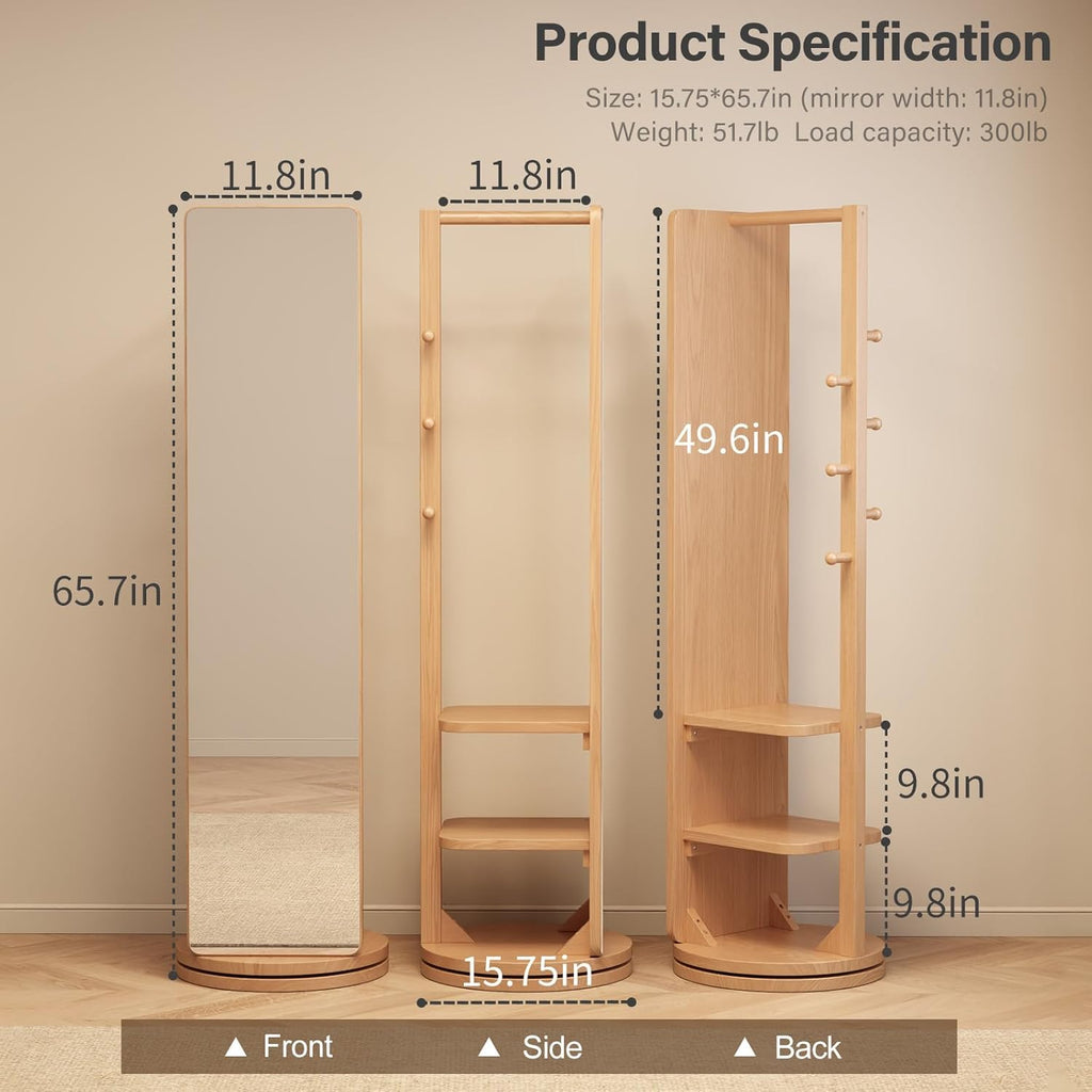 WoodsWhisper Full Length Mirror Coat Rack Solid Wood Floor Mirror 66"x12" Full Length Mirror with Stand Long Mirrors for Bedroom,Living Room (Natural, 66" Lx12 W)