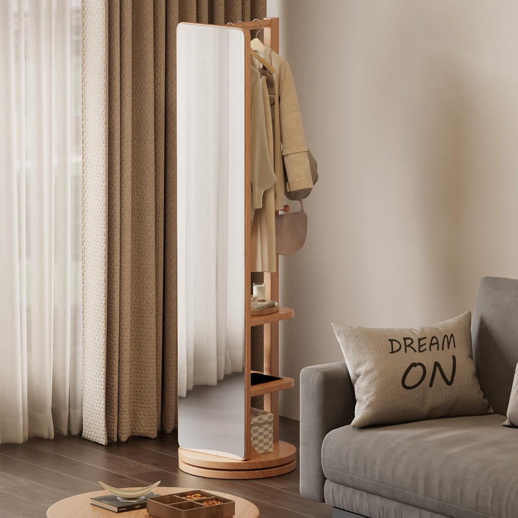 WoodsWhisper Full Length Mirror Coat Rack Solid Wood Floor Mirror 66"x12" Full Length Mirror with Stand Long Mirrors for Bedroom,Living Room (Natural, 66" Lx12 W)
