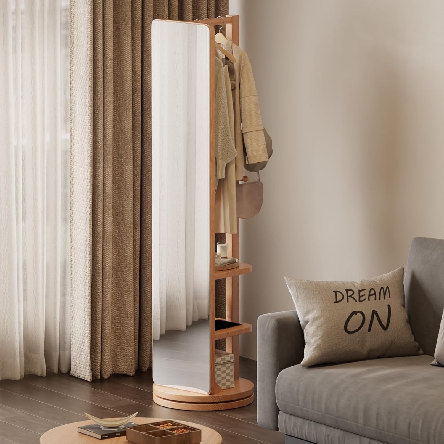 WoodsWhisper Full Length Mirror Coat Rack Solid Wood Floor Mirror 66"x12" Full Length Mirror with Stand Long Mirrors for Bedroom,Living Room (Natural, 66" Lx12 W)