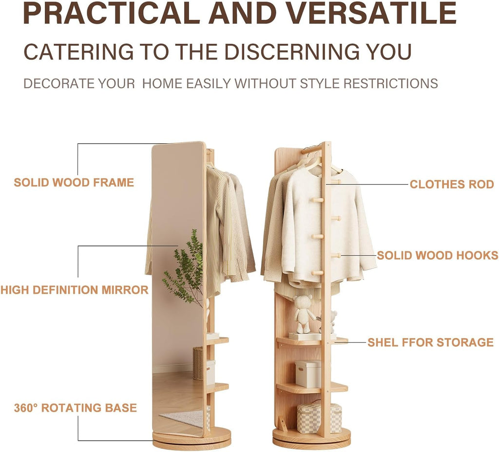 WoodsWhisper Full Length Mirror Coat Rack Solid Wood Floor Mirror 66"x12" Full Length Mirror with Stand Long Mirrors for Bedroom,Living Room (Natural, 66" Lx12 W)
