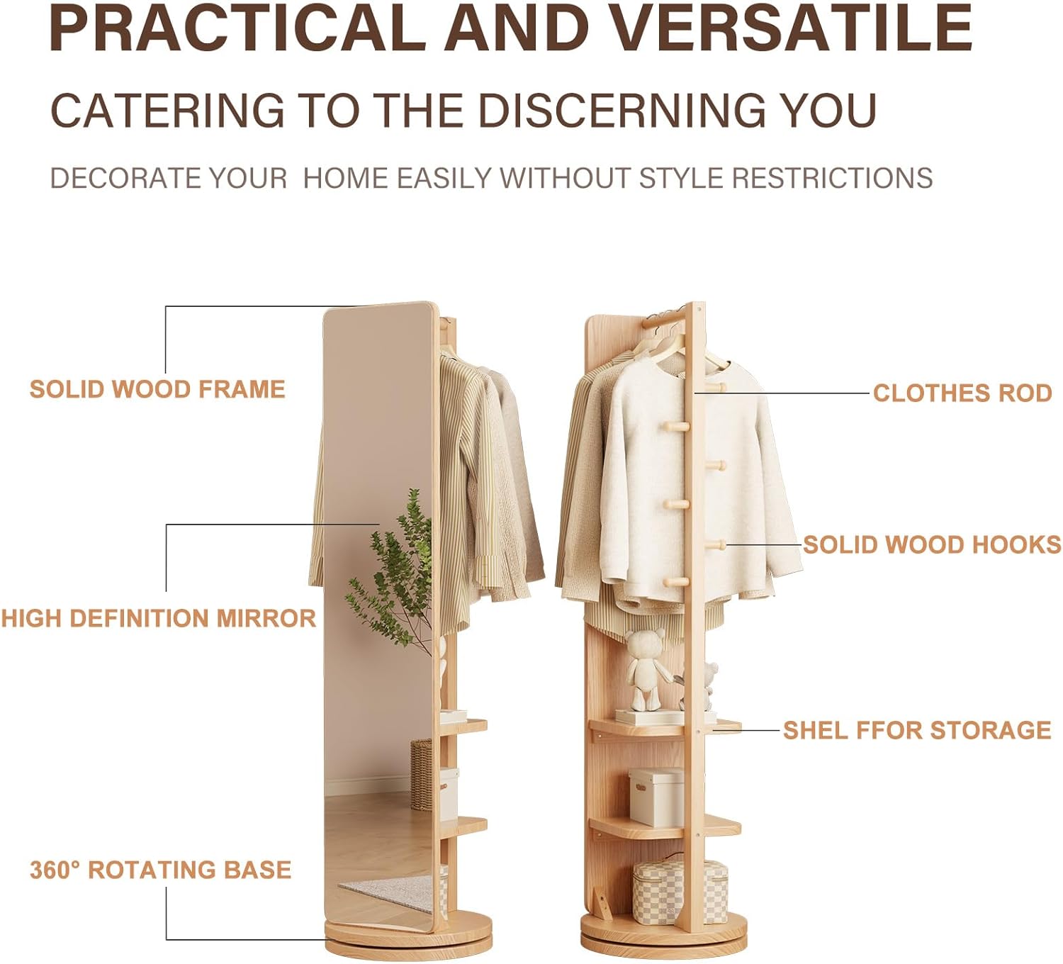 WoodsWhisper Full Length Mirror Coat Rack Solid Wood Floor Mirror 66"x12" Full Length Mirror with Stand Long Mirrors for Bedroom,Living Room (Natural, 66" Lx12 W)