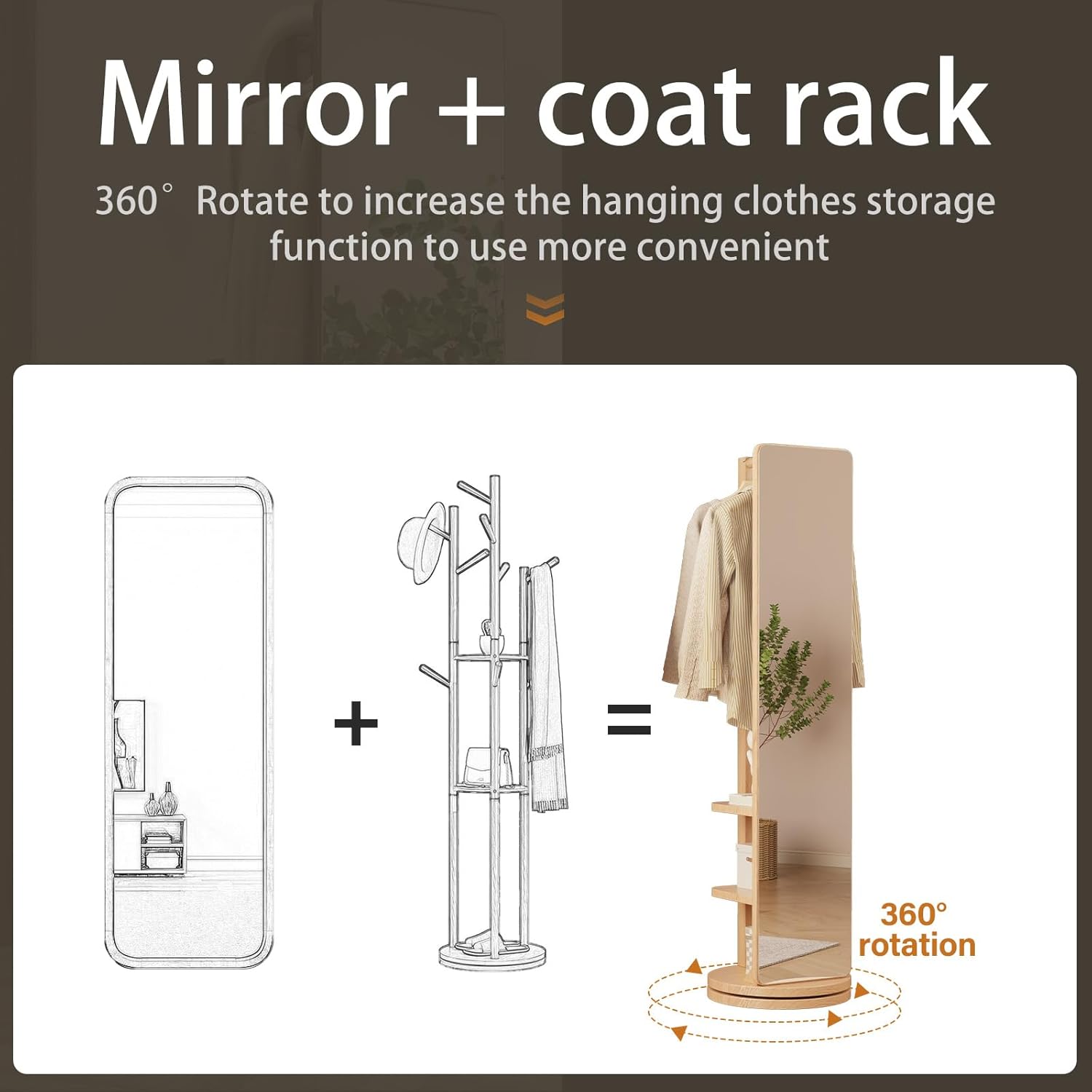 WoodsWhisper Full Length Mirror Coat Rack Solid Wood Floor Mirror 66"x12" Full Length Mirror with Stand Long Mirrors for Bedroom,Living Room (Natural, 66" Lx12 W)