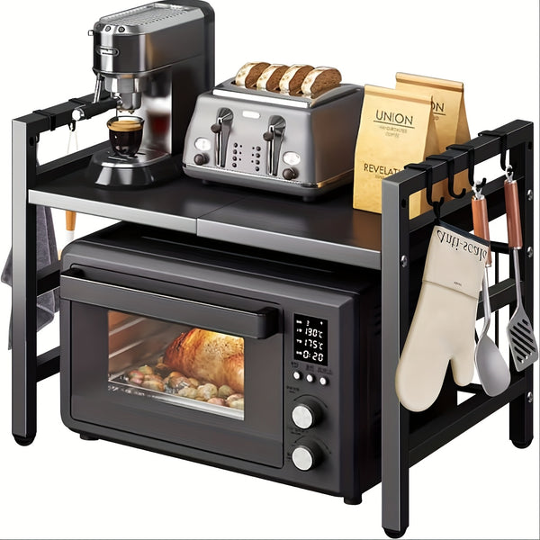 Expandable Metal Microwave Rack with Hooks - Vertical Countertop Organizer for Toaster, Air Fryer, Rice Cooker & More - Easy Installation, Durable Metal Construction, Space-Saving Design for Kitchen Appliances, Utensil Holder | Modern Kitchen Accessory |
