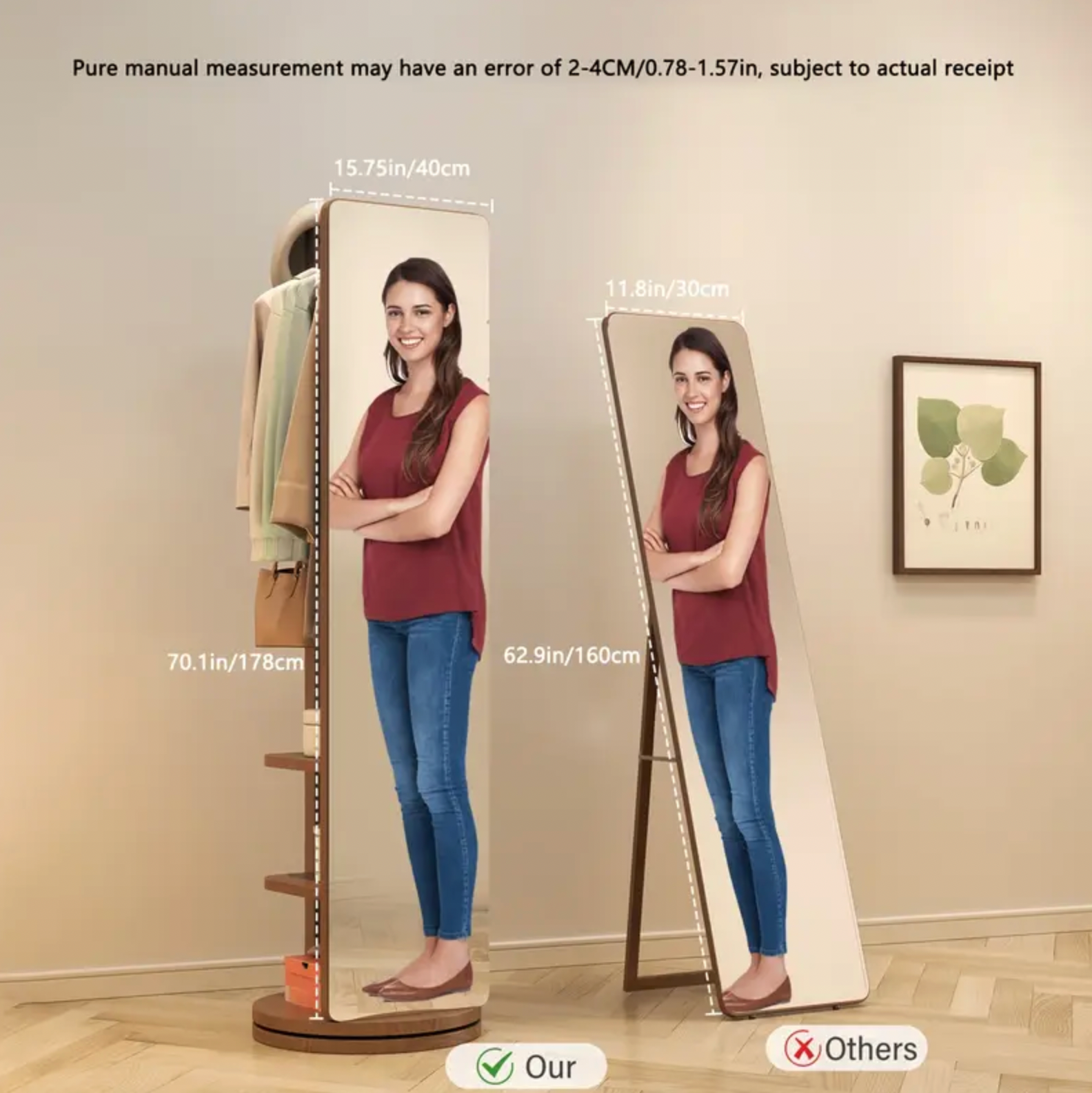 Solid Wood Floor Mirror – Rotating with Coat Hanger!