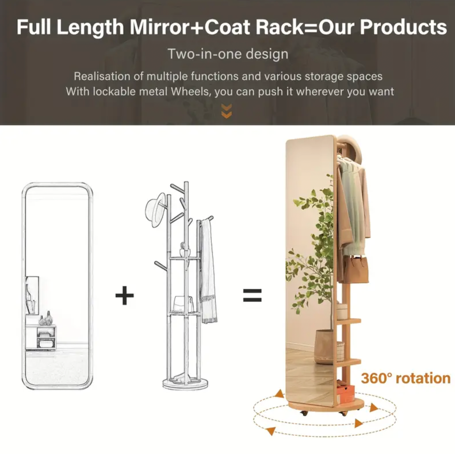 Solid Wood Floor Mirror – Rotating with Coat Hanger!