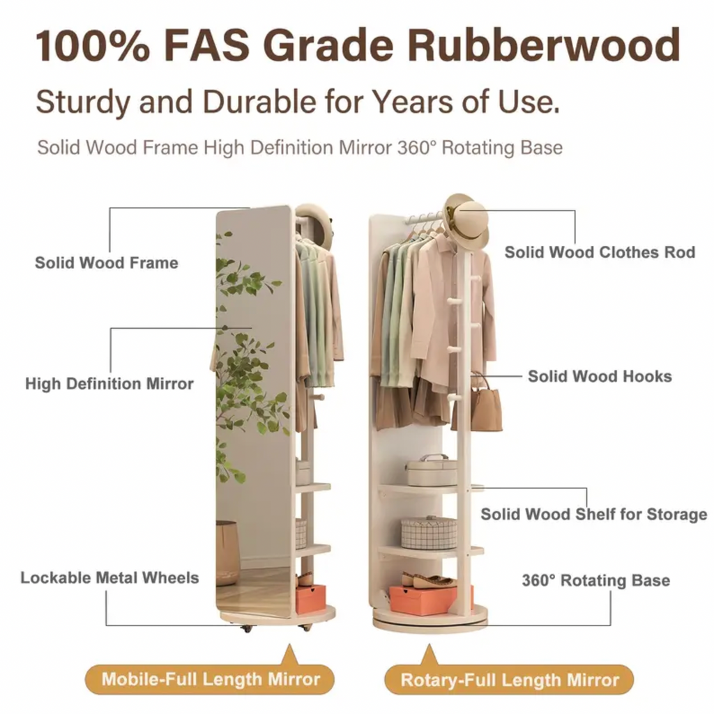 Solid Wood Floor Mirror – Rotating with Coat Hanger!