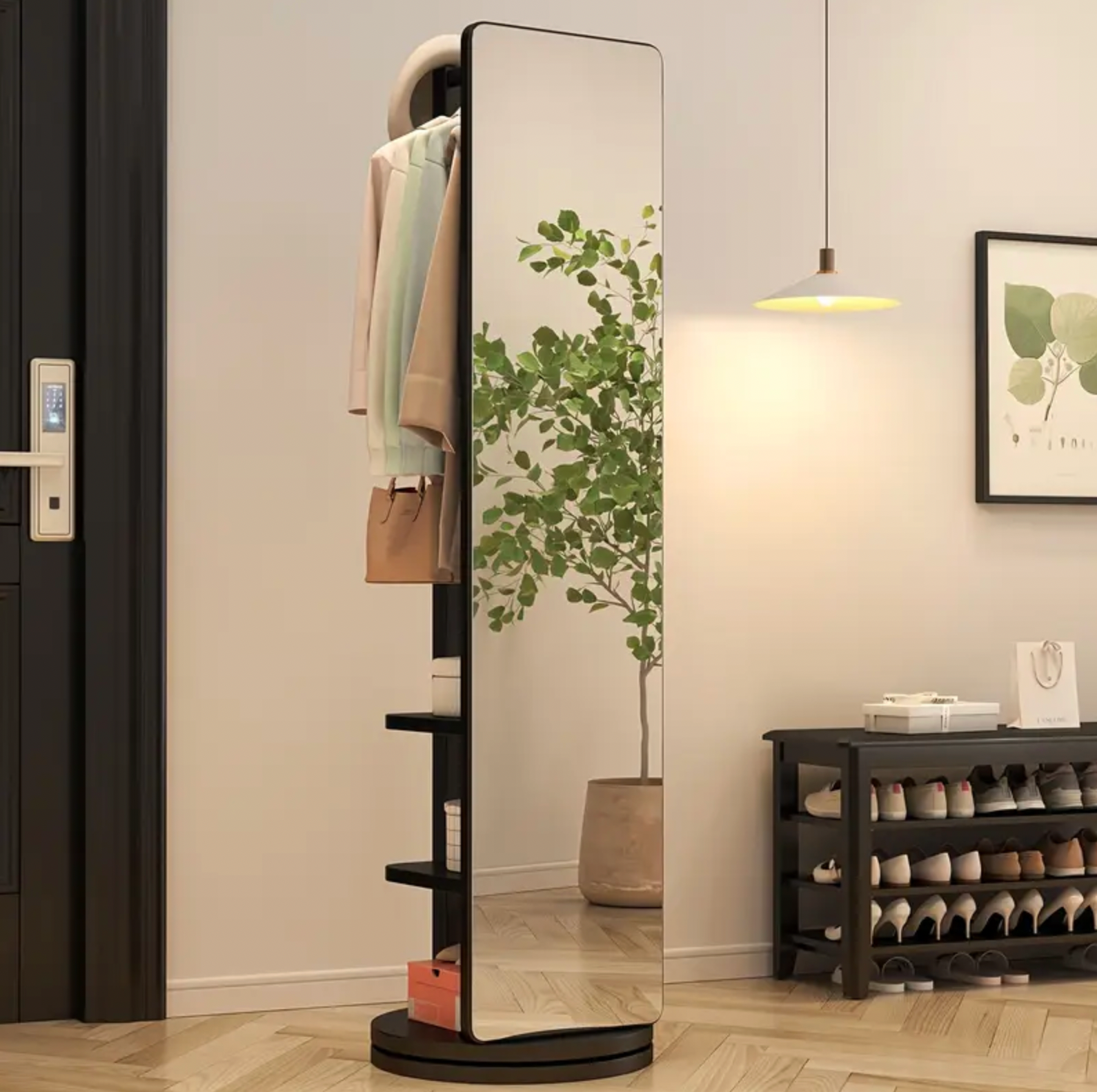Solid Wood Floor Mirror – Rotating with Coat Hanger!