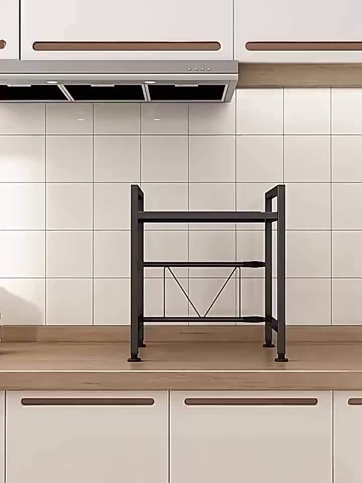 Expandable Metal Microwave Rack with Hooks - Vertical Countertop Organizer for Toaster, Air Fryer, Rice Cooker & More - Easy Installation, Durable Metal Construction, Space-Saving Design for Kitchen Appliances, Utensil Holder | Modern Kitchen Accessory |