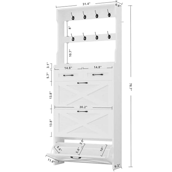 3-Drawer White Shoe Cabinet with Coat Rack