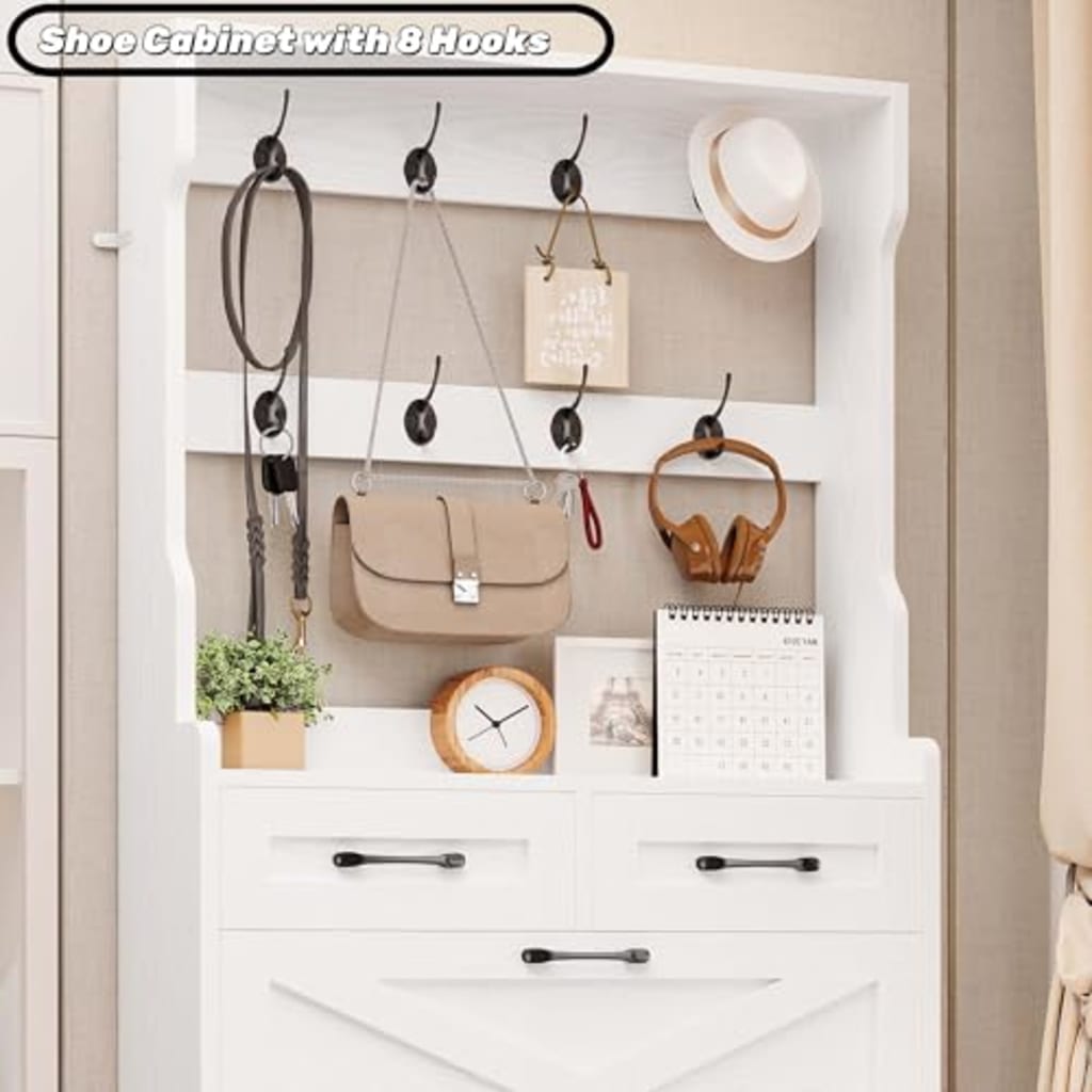 3-Drawer White Shoe Cabinet with Coat Rack