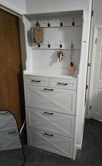 3-Drawer White Shoe Cabinet with Coat Rack