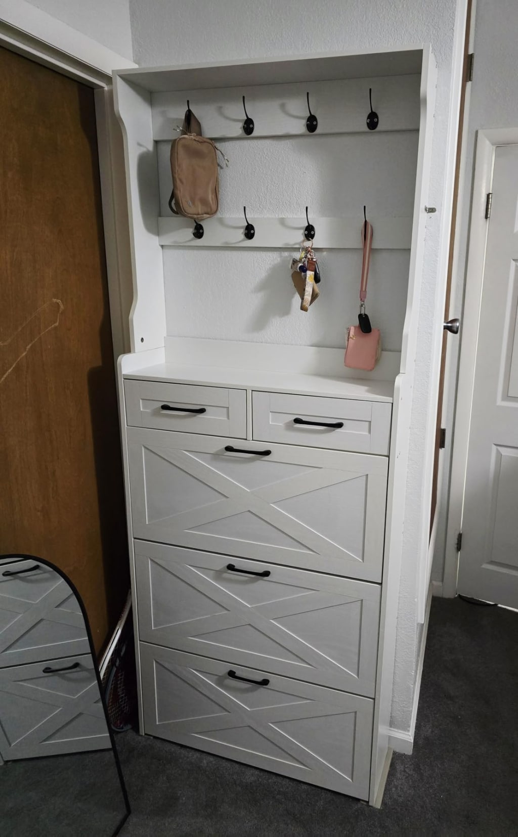 3-Drawer White Shoe Cabinet with Coat Rack