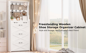 3-Drawer White Shoe Cabinet with Coat Rack
