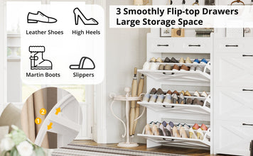 3-Drawer White Shoe Cabinet with Coat Rack